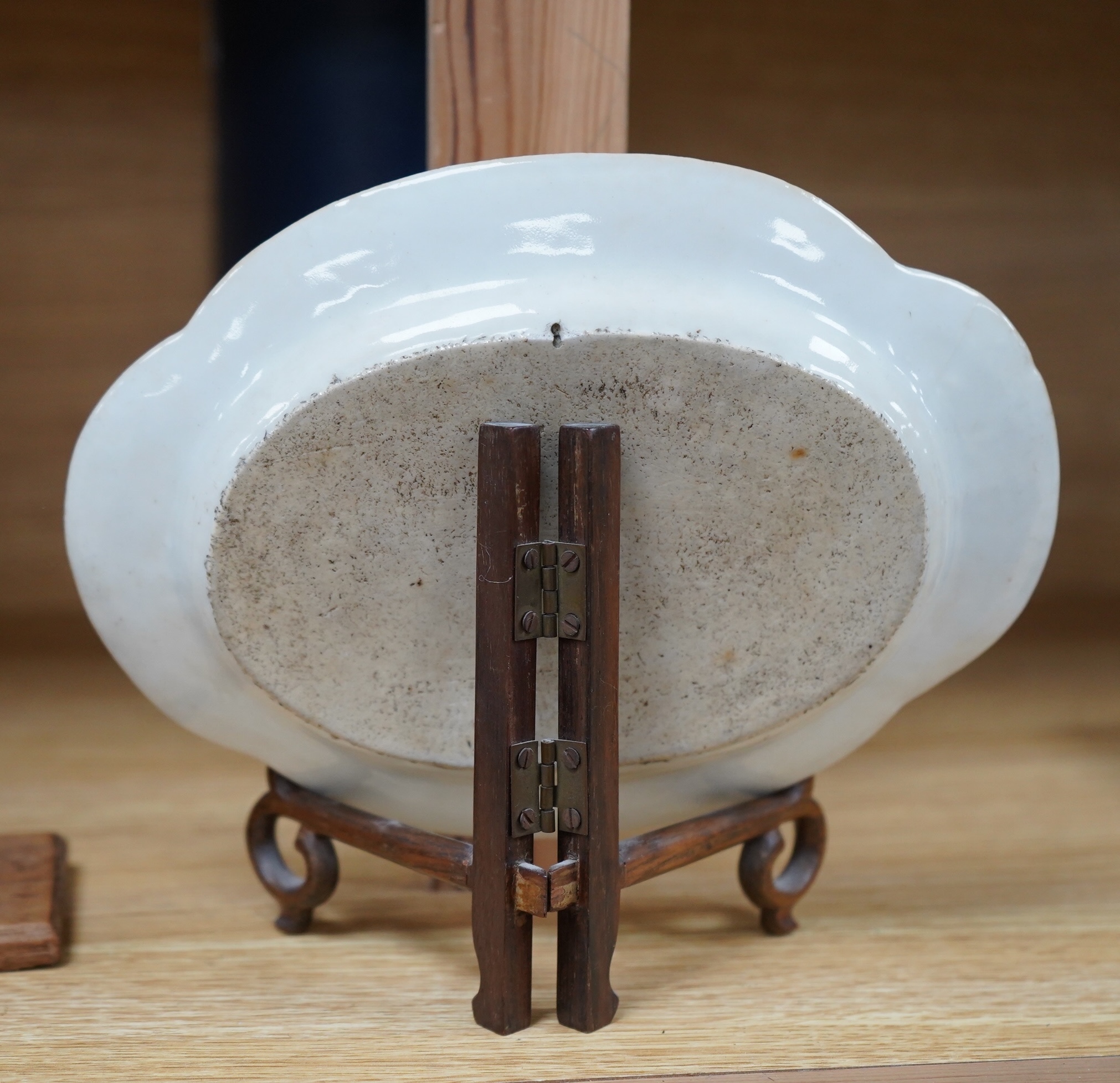 A Chinese export famille rose ‘goose’ dish, Qianlong period, on hardwood stand, 21cm. Condition - fair, one hairline crack